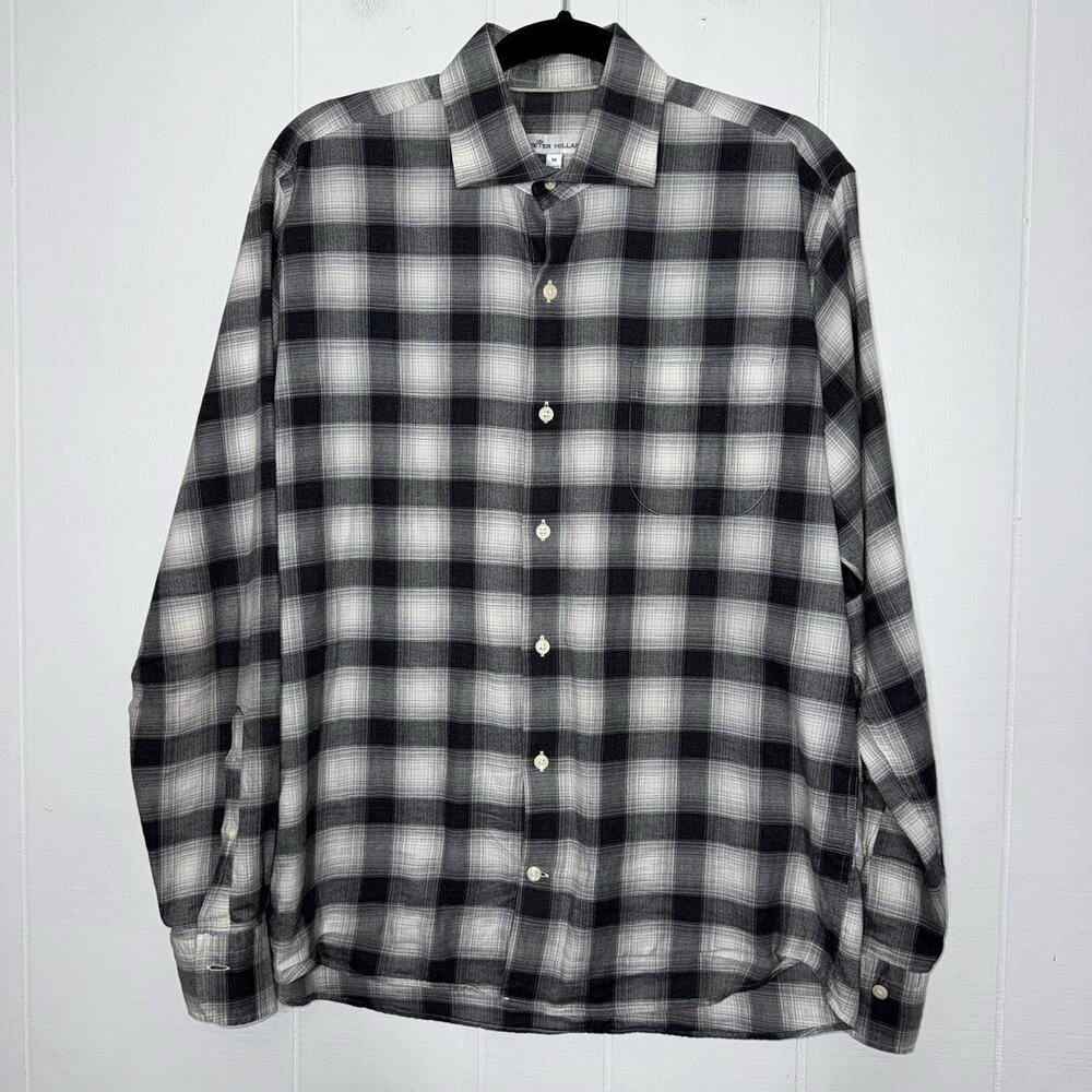 Peter Millar Men’s Autumn Soft Plaid Flannel Shirt Gale Grey Cotton Size Medium